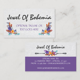 Tarjeta De Visita Moda rústica de Boho Gems plumas acuarelas