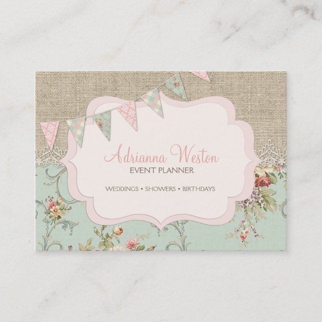 Tarjeta De Visita Moda rústica de Shabby Burlap Rubor Floral (Anverso)