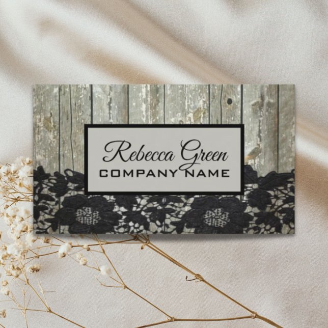 Tarjeta De Visita moda rústica granero de madera negro encaje (rustic country chic barn wood black lace business card)