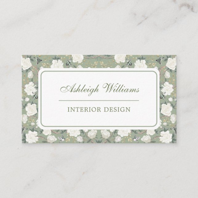 Tarjeta De Visita Moda Sage Green Chinoiserie Diseño interior de flo (Anverso)