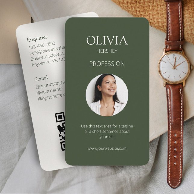 Tarjeta De Visita Moda Sage Green & Ivory Photo Social QR Code (Subido por el creador)