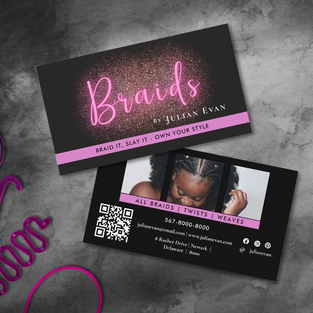 Tarjeta De Visita Moda - Salón de trenzado de pelo negro y neón rosa (Chic Black and Neon Pink Hair Braiding Salon Photo Business Card)