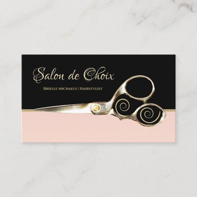 Tarjeta De Visita Moda Salón Parisino Negro rosa pálido y tijeras (Anverso)