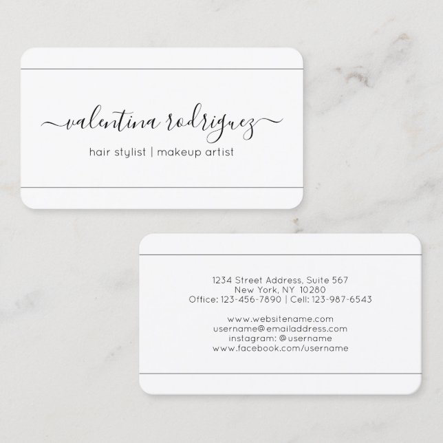 Tarjeta De Visita Moda Script Signature Elegant Moderno negro y blan (Anverso / Reverso)