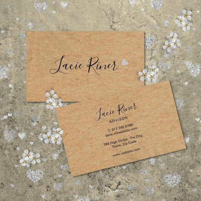 Tarjeta De Visita Moda Script Silver Love Heart Rustic Kraft (Chic Script Silver Love Heart Rustic Kraft Business Card)