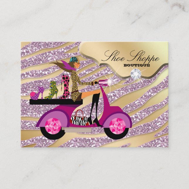 Tarjeta De Visita Moda Shoes Jewelry Zebra Pink Jewel Purpurina 8 (Anverso)