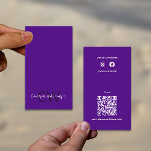 Tarjeta De Visita Moda Sólido Índigo Púrpura Monograma QR Código Soc