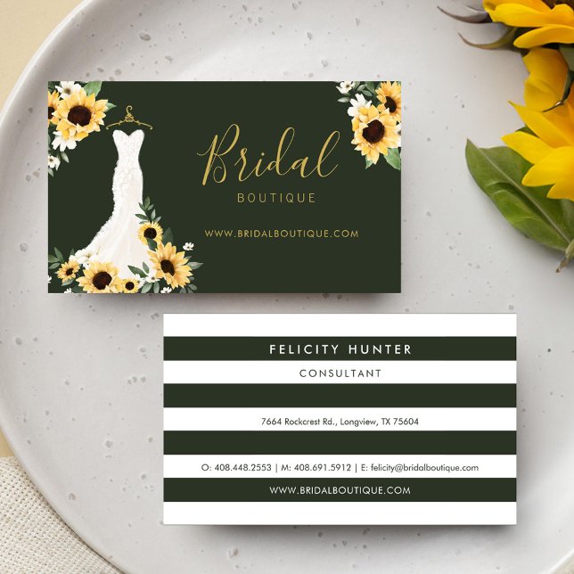 Tarjeta De Visita Moda Sunflower Boda Vestido Noche Boutique (Chic Sunflower Wedding Dress Bridal Boutique Business Card)