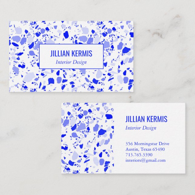 Tarjeta De Visita Moda terrazzo elegante Personalizado azul blanco (Anverso / Reverso)