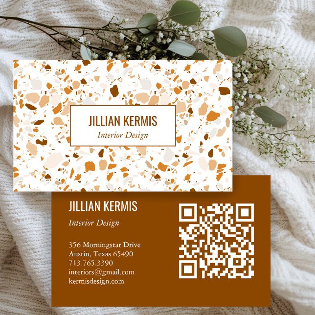 Tarjeta De Visita Moda terrazzo elegante Terracota marrón PERSONALIZ (Chic terrazzo elegant Brown Terracotta CUSTOM QR Business Card
)