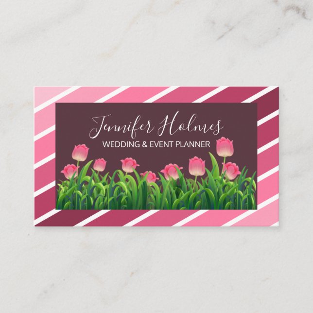 Tarjeta De Visita Moda Tiras Diagonales Blanco Rosa Tulip (Anverso)