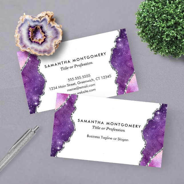 Tarjeta De Visita Moda Venas de plata rosada morada Agriturismo Prof (Chic Purple Pink Silver Veins Agate Professional Business Card)