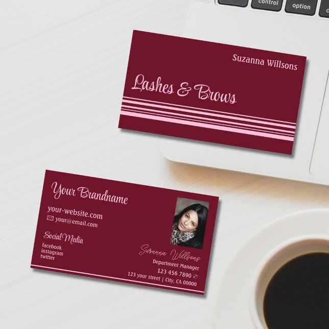 Tarjeta De Visita Moda Wine Red Pink Stripes con Photo Professional (Subido por el creador)