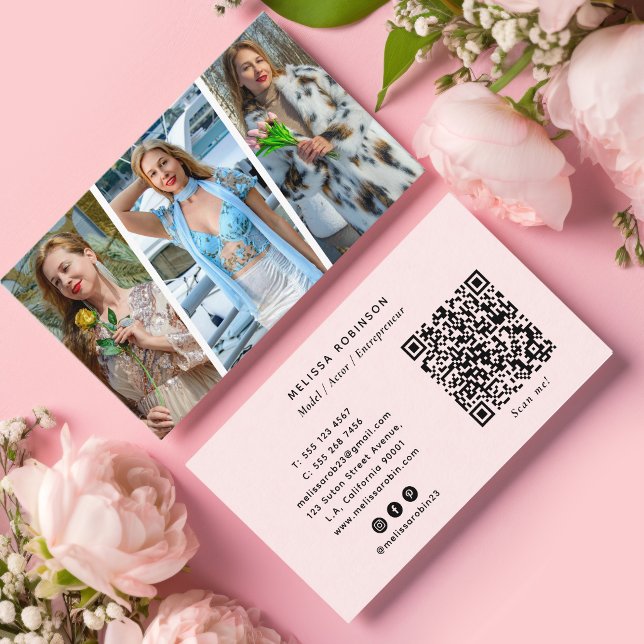 Tarjeta De Visita Modelo Collage Rosa de Redes Sociales, Código QR y (Subido por el creador)