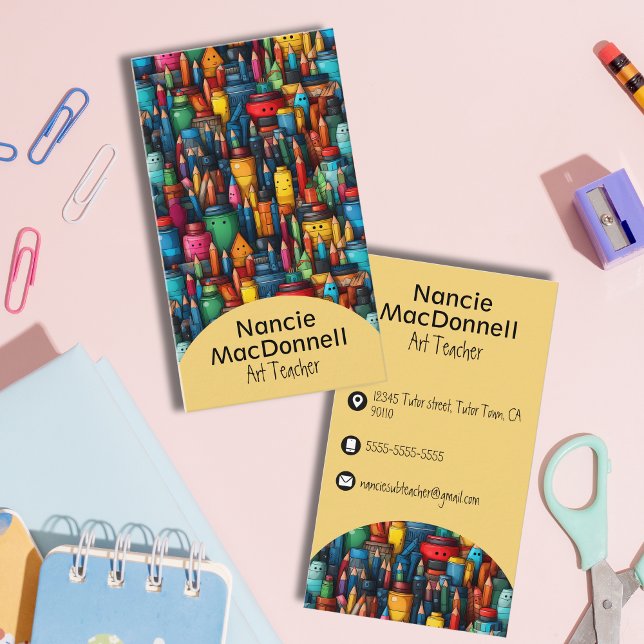 Tarjeta De Visita Modelo de pluma Crayon Pen Personalizado de arte c (Colorful Art Teacher Cartoon Crayon Pen Pattern Business Card)