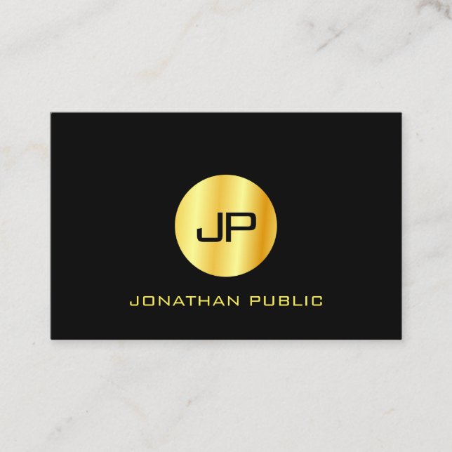 Tarjeta De Visita Modelo elegante monogramado moderno de oro negro (Anverso)