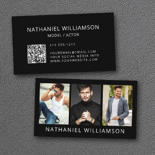 Tarjeta De Visita Modelo moderno de 3 fotos y código QR del actor