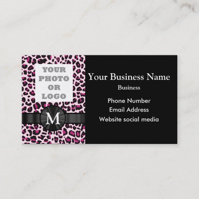 Tarjeta De Visita Modelo rosado con monograma del estampado leopardo (Anverso)