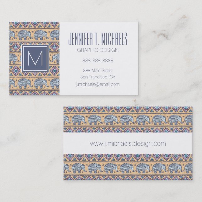 Tarjeta De Visita Modelo tribal del elefante étnico azul (Anverso / Reverso)