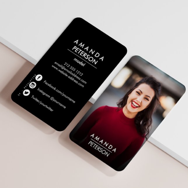 Tarjeta De Visita Modelos de actor de fotografía de bailarina Iconos (tunning Vertical Photo Business Card: Full Frame Portrait with Contact & Social Info)