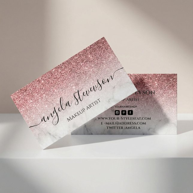 Tarjeta De Visita modern and elegant rose gold glitter marble  (#glitterrosegold #scriptcalligraphy #marblebackground #rosegold #makeupartist #chick #hairstyle)