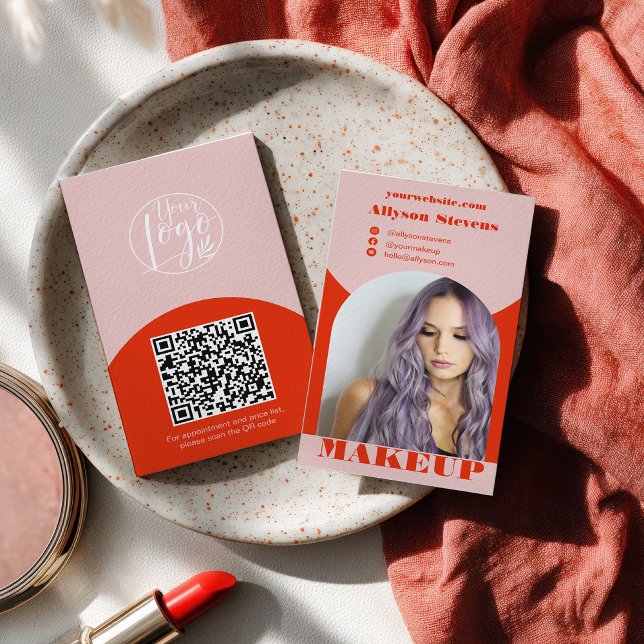 Tarjeta De Visita Modern arch makeup blush red photo qr code logo (Modern arch makeup blush red photo qr code logo business card)