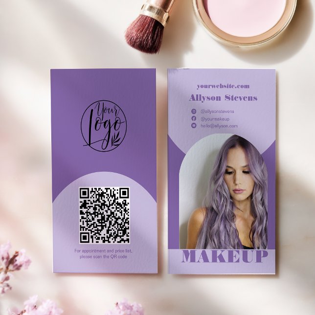 Tarjeta De Visita Modern arch makeup purple photo qr code logo (Modern arch makeup purple photo qr code logo business card)