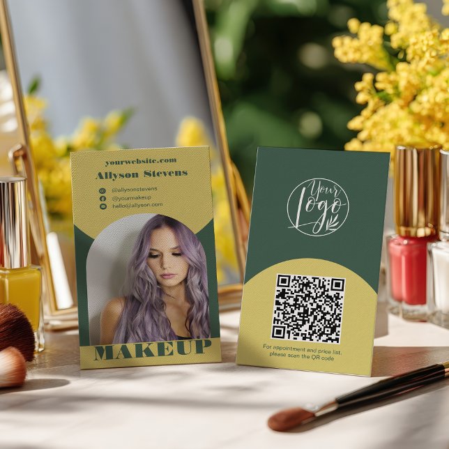 Tarjeta De Visita Modern arch makeup yellow green photo qr code logo (Modern arch makeup yellow green photo qr code logo business card)