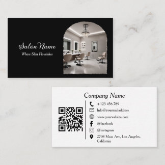 Tarjeta De Visita Modern Arch Salon Spa QR Code Black White