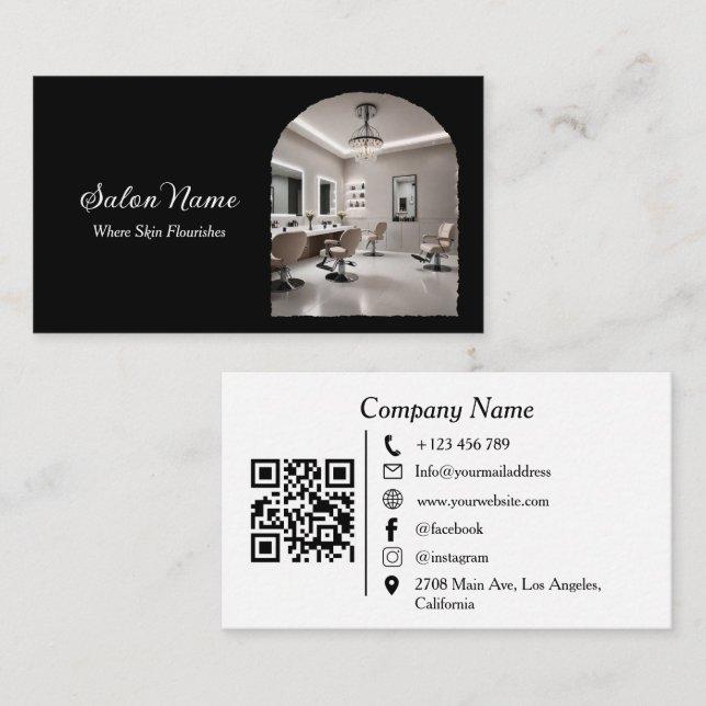 Tarjeta De Visita Modern Arch Salon Spa QR Code Black White (Anverso / Reverso)