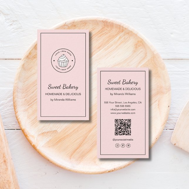 Tarjeta De Visita Modern Bakery Logo QR Social Media Icons Pink (Modern Bakery Logo QR Social Media Icons Pink Business Card)