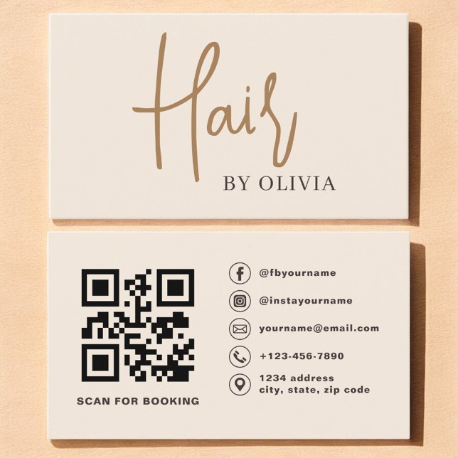 Tarjeta De Visita  Modern Beige Neutral QR Code Hair Stylist (Subido por el creador)