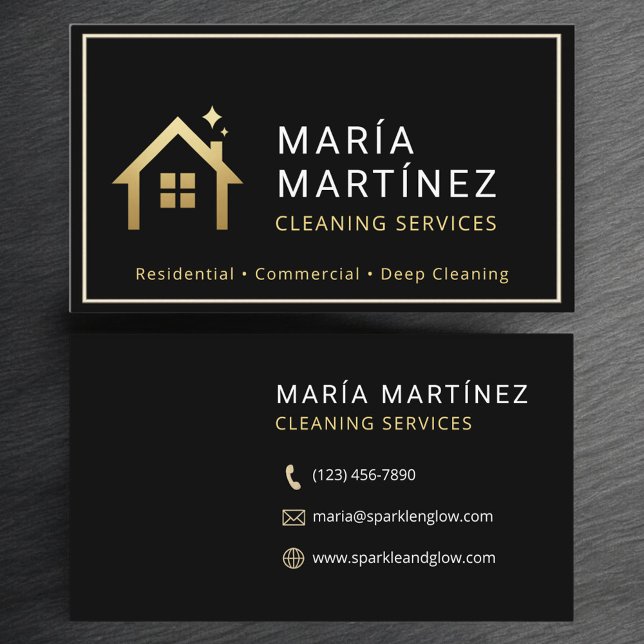 Tarjeta De Visita Modern Black and Gold Cleaning Company (Subido por el creador)