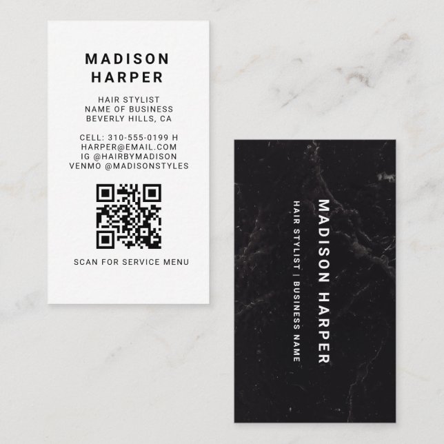 Tarjeta De Visita Modern Black and White Marble QR Code Business (Anverso / Reverso)