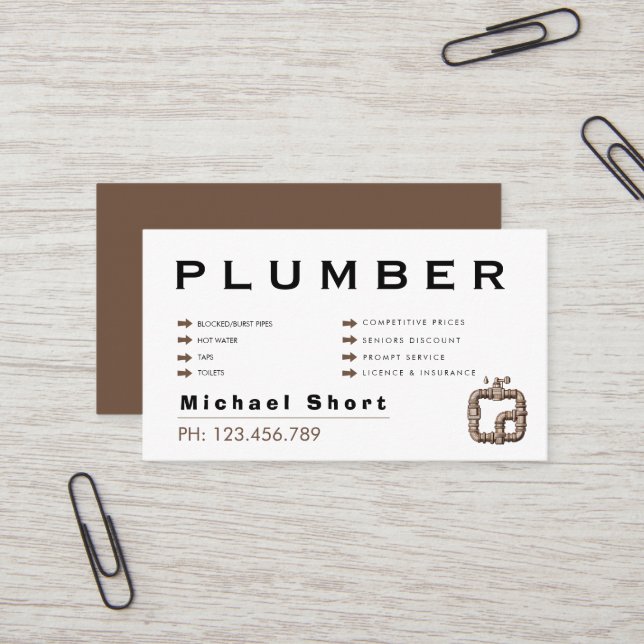 Tarjeta De Visita Modern Black & Brown Plumber (Anverso/Reverso In Situ)