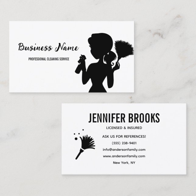 Tarjeta De Visita Modern Black Cleaning Service Housekeeper Maid (Anverso / Reverso)