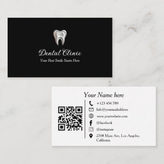 Tarjeta De Visita Modern Black Dental Clinic Logo QR Code Dentist