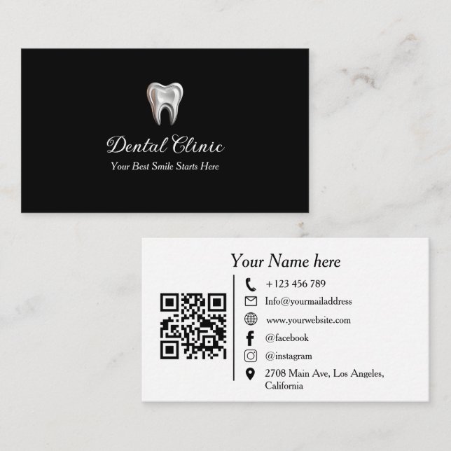 Tarjeta De Visita Modern Black Dental Clinic Logo QR Code Dentist (Anverso / Reverso)