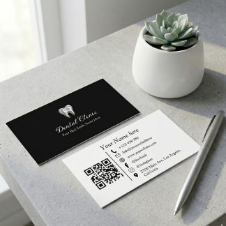 Tarjeta De Visita Modern Black Dental Clinic Logo QR Code Dentist