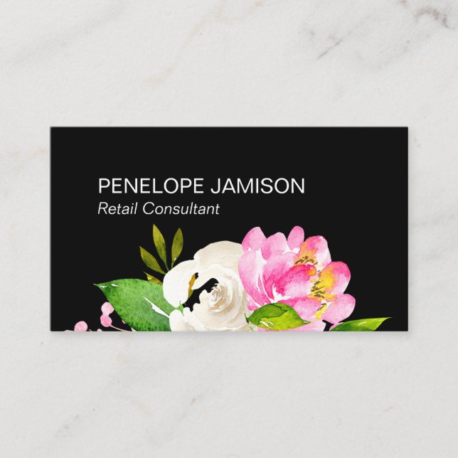 Tarjeta De Visita Modern Black Floral  (Anverso)