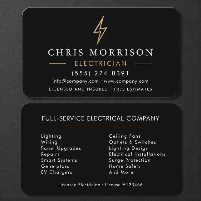 Tarjeta De Visita Modern Black Gold Electrician Contractor (Subido por el creador)