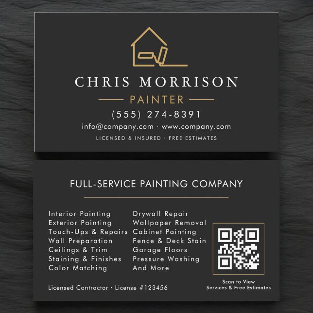 Tarjeta De Visita Modern Black Gold House Painter QR Code (Subido por el creador)