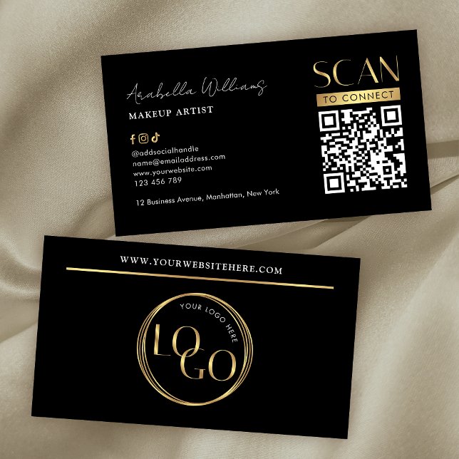 Tarjeta De Visita Modern Black Gold Logo Makeup Beauty Salon QR Code (Black and gold modern QR code business cards with faux gold foil effects and modern layout)