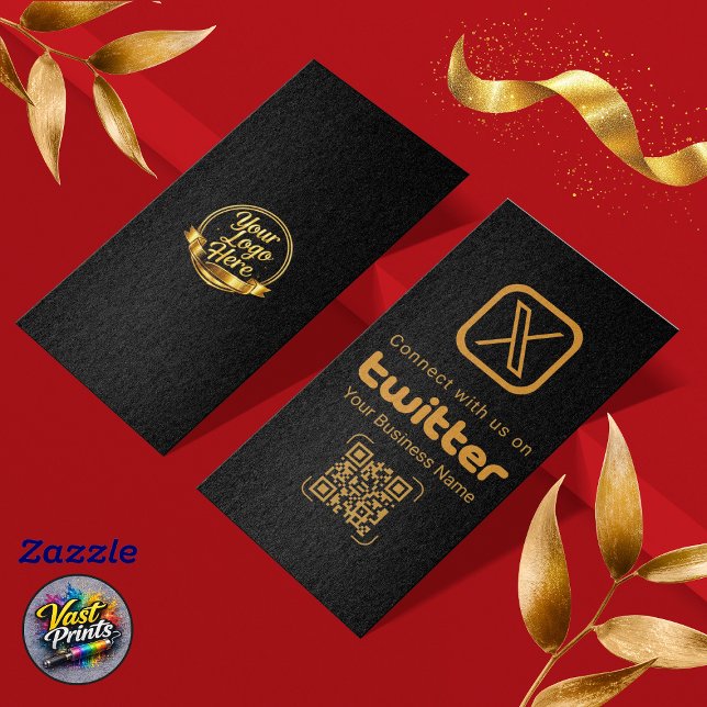 Tarjeta De Visita Modern Black Gold X Logo Twitter QR Code (Modern Black Gold X Logo Twitter QR Code Business Card)