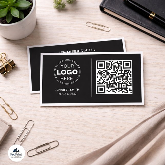 Tarjeta De Visita Modern Black Minimalist QR Code Business Design (A stack of black and white business cards featuring a 'YOUR LOGO HERE' placeholder and a QR code. )