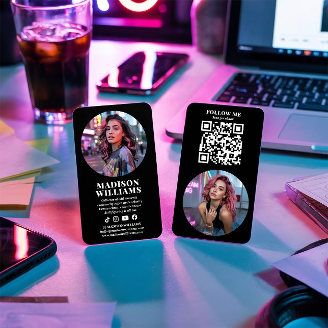 Tarjeta De Visita Modern Black Photo QR Code Social Media Influencer (Modern Black Photo QR Code Social Media Influencer)