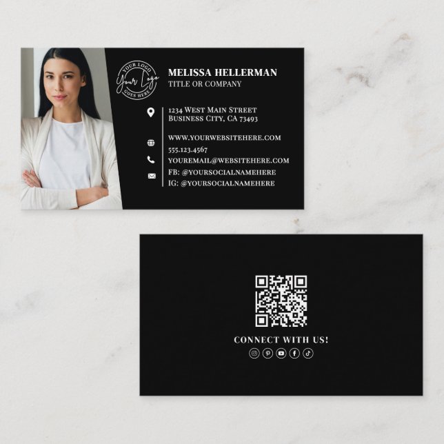 Tarjeta De Visita Modern Black Professional QR Code Photo Logo (Anverso / Reverso)
