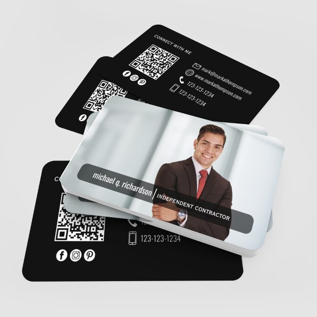 Tarjeta De Visita Modern Black QR Code Photo Contact Card (Black minimalist QR code photo contact cards scattered with modern clean layout)