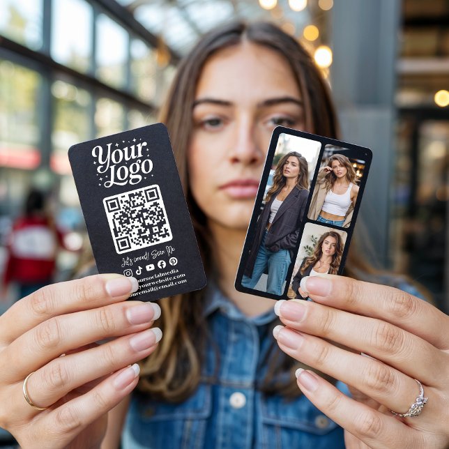 Tarjeta De Visita Modern Black QR Code Social Media Icons Logo Photo (Modern Black QR Code Social Media Icons Logo Photo)