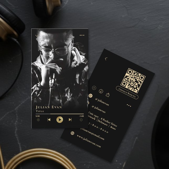 Tarjeta De Visita Modern Black Shiny Gold Musician Business Card (Modern Black Shiny Gold Musician Business Card)